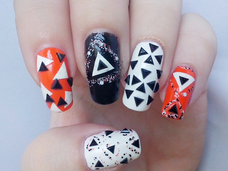 Geometric Triangle Nails Born Pretty Store Black Studs Orange Black White Nails