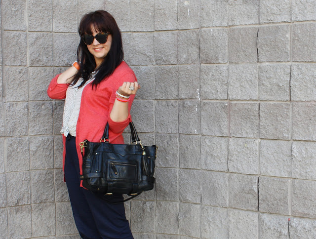 Coral Cardigan + Navy Trousers - Daily Outfit