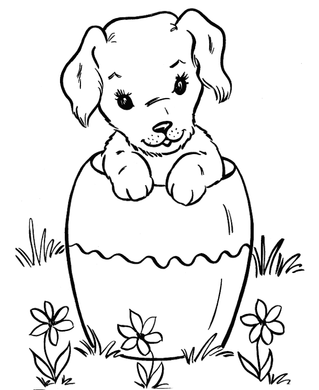 Cute Puppy and Flowers coloring page for kids and children title=