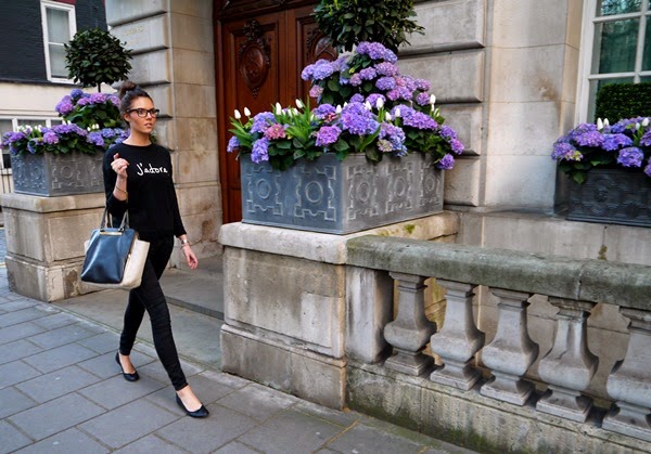 J'adore sweater and geek glasses with hydrangeas in Mayfair