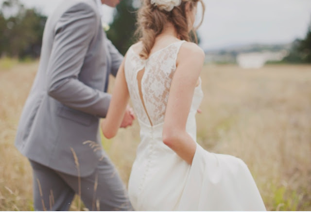 lace back wedding dress, grass field