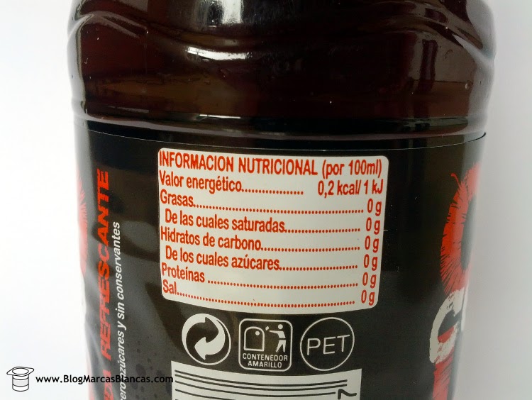 Valores nutricionales del refresco de cola con cero azúcares Hacendado de Mercadona.