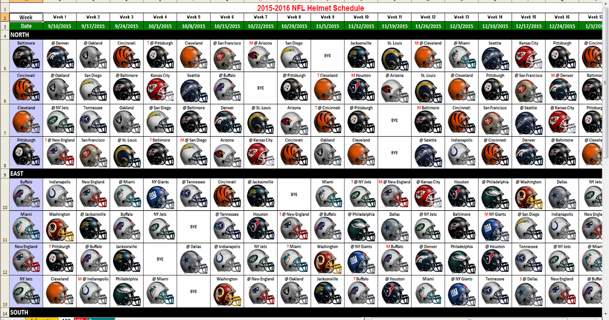 Excel Spreadsheets Help: 2015 NFL Helmet Schedule Spreadsheet