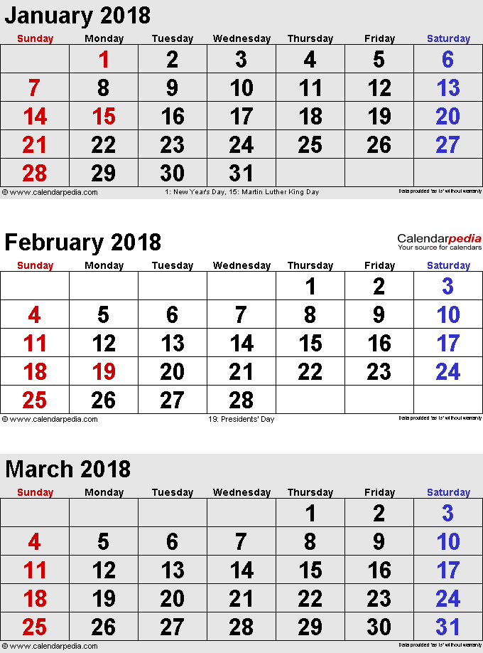 free printable 3 month calendar 2018