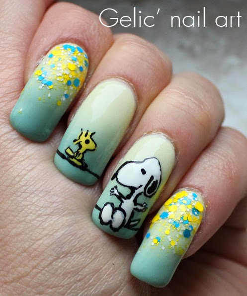 Gelic' Nail Art: NCC Presents: Snoopy And Woodstock Nail Art Then free handed snoopy and Woodstock with nail polish, dotting tool and fine liner brush as usual. And yea, I'm happy with the result, hope you'll like it ... - Gelic' Nail Art: NCC Presents: Snoopy And Woodstock Nail Art