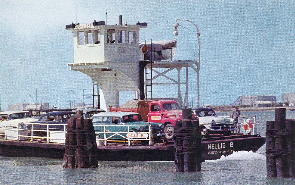 transpress nz cars on the Port Aransas ferries, Texas, 1950s