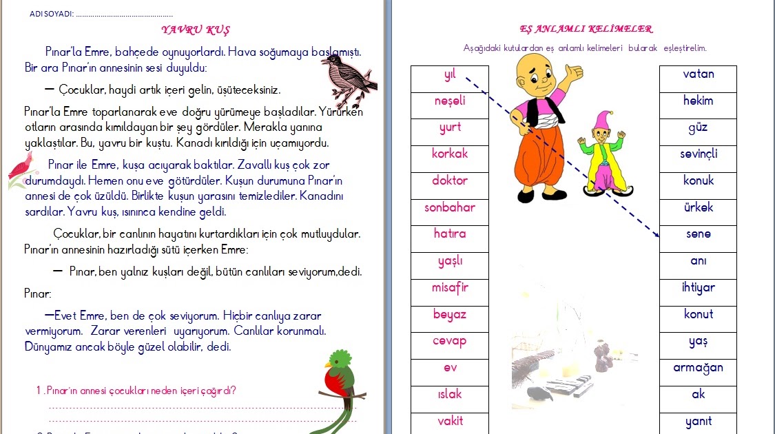 1. Sinif Türkçe Metin Çalismasi "Yavru Kus" 2 Nisan ~ Yeni Ödevler 2014