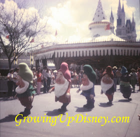 Seven Dwarfs in front of Cinderella Castle in 1973 Magic Kingdom parade