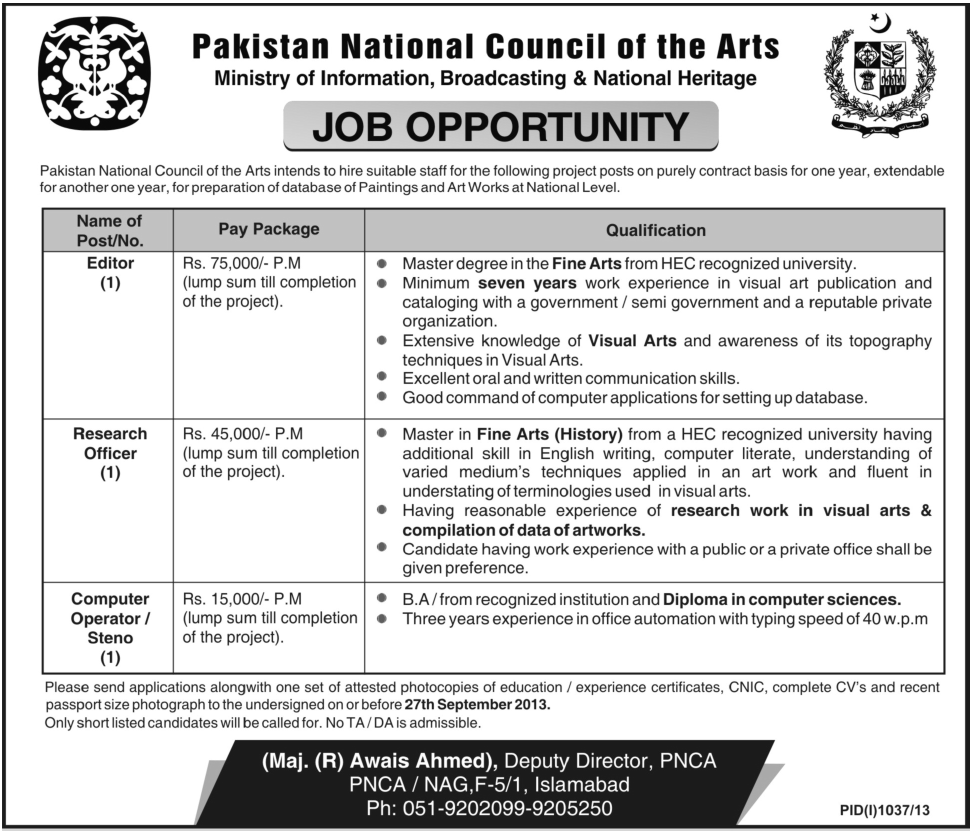 Pakistan National Council of The Arts Islamabad Jobs Jobs in Pakistan