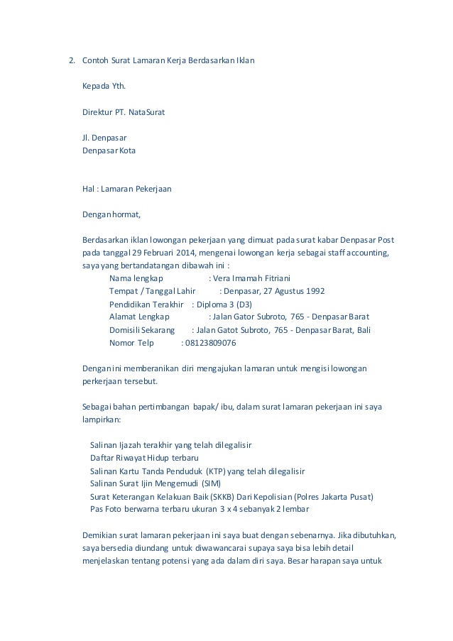 Contoh Surat Lamaran Kerja Karena Lowongan Pekerjaan Di