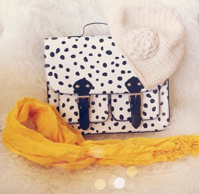 HM polka dot satchel, white beanie, yellow scarf, instagram-pslilyboutique