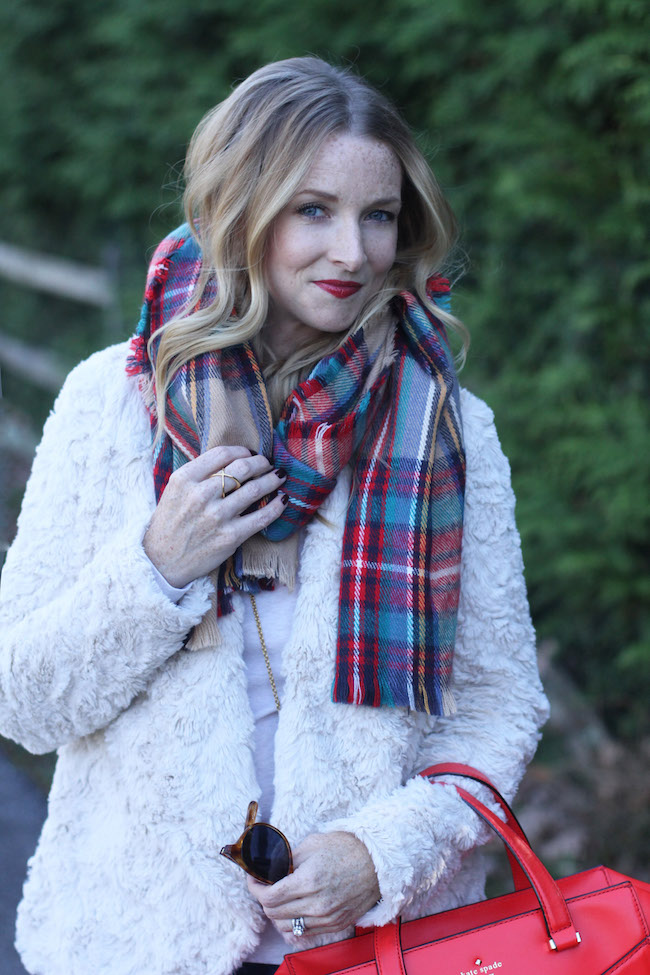 red plaid scarf, dylan faux fur, red lipstick