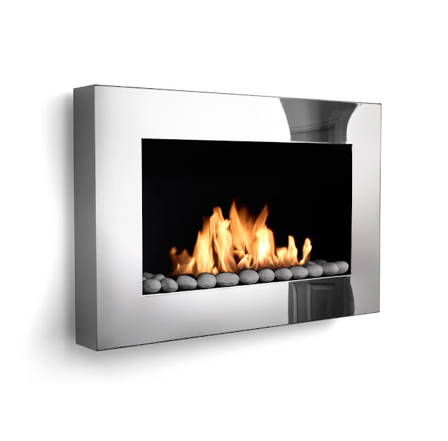 Elegant wall-mount fireplace with mirrored side panels.