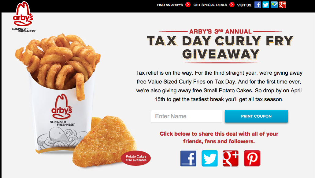 FREE IS MY LIFE COUPON FREE Curly Fries or Small Potato Cakes at Arby