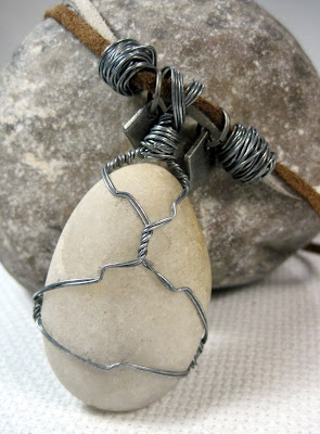 Wire Wrapped Lake Stone Necklace Steel Wire Wrapped Stone Pendant