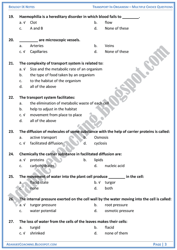 transport-in-organisms-multiple-choice-questions-biology-notes-for-class-9th