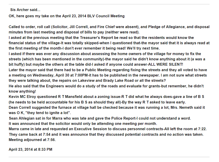 The real 4/23/14 Brady Lake Village council meeting minutes.