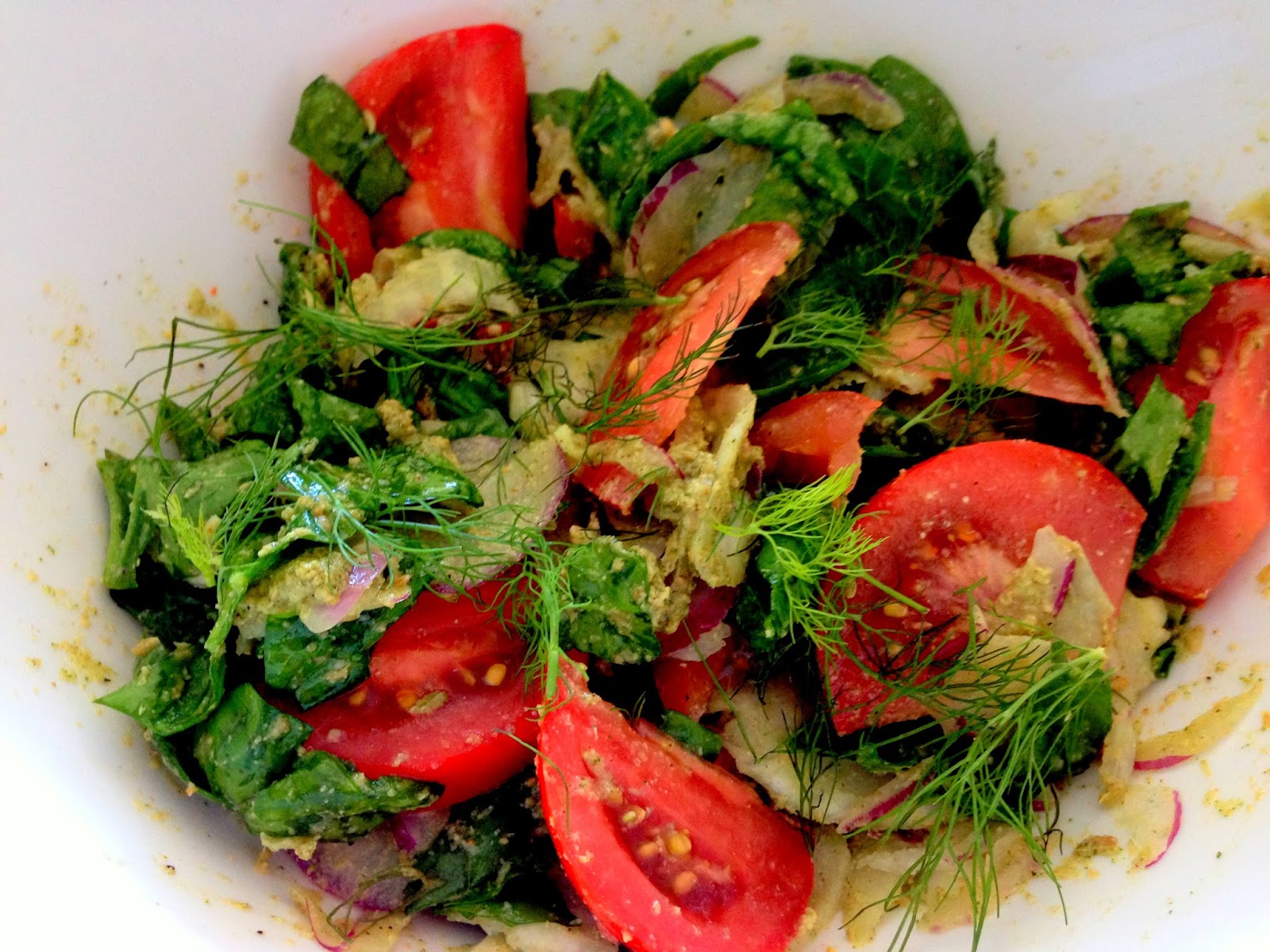 Heirloom Tomato Fennel Salad with Fennel Tahini Dressing Maithili Pradhan