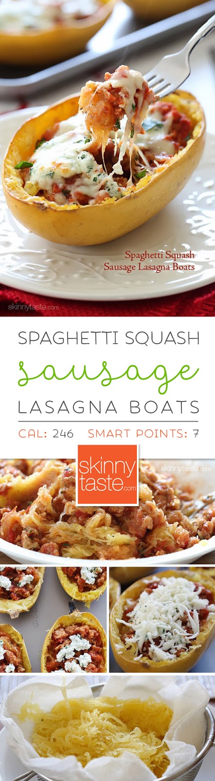 Spaghetti Squash Sausage Lasagna Boats – stuffed with chicken sausage, marinara, ricotta and mozzarella, YUM!