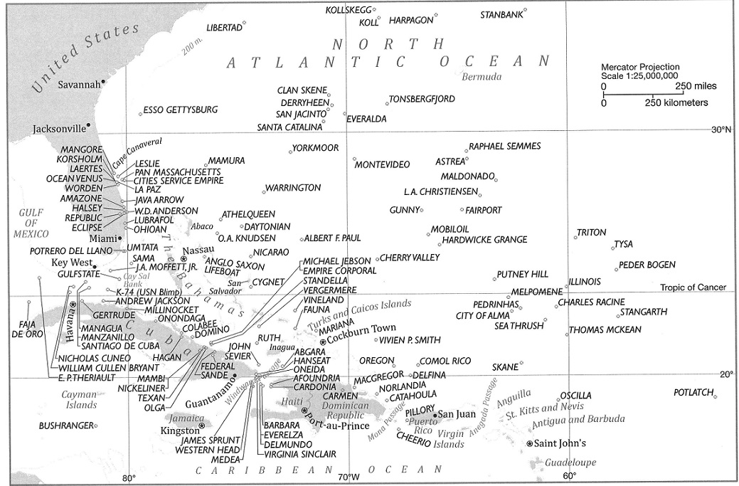Map of 130 ships sunk by UBoats in the Bahamas 19421944 Eric Wiberg