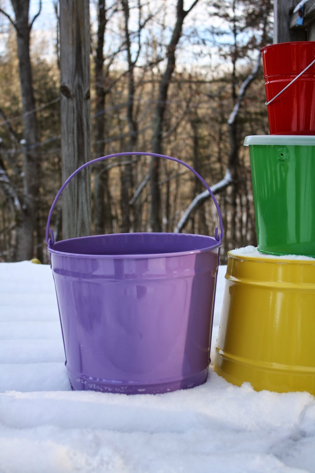 Bucket Outlet A Metal and Solid Color Bucket photoshoot in the snow.