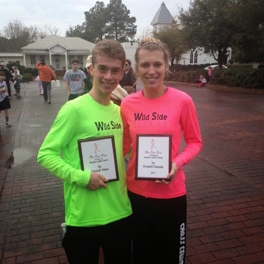 Wright Calhoun (1st, 17:42) and Elena Oslund (4th, 19:52)--Champions at the 2014 Heather Lanier Yeiser Love Run 5K in Albany, Georgia. Wright Calhoun and Elena Oslund