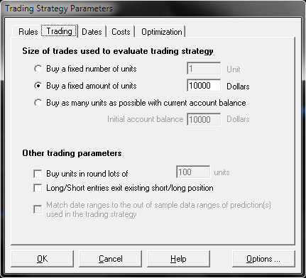 Окно для настройки параметров тестера - вкладка Trading