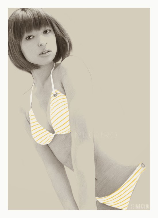 Os retratos ilustrados foto-realistas de lindas mulheres de Kei Meguro Kei Meguro ilustrações singelas minimalistas foto realistas preto e branco modelos mulheres atrizes