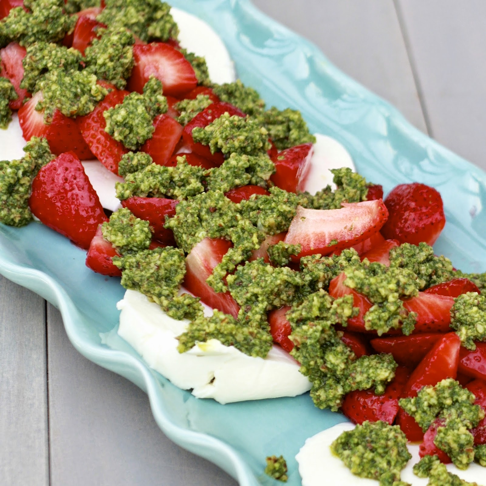 Strawberries and Fresh Mozzarella with Mint Pesto Drizzle | The Sweets Life
