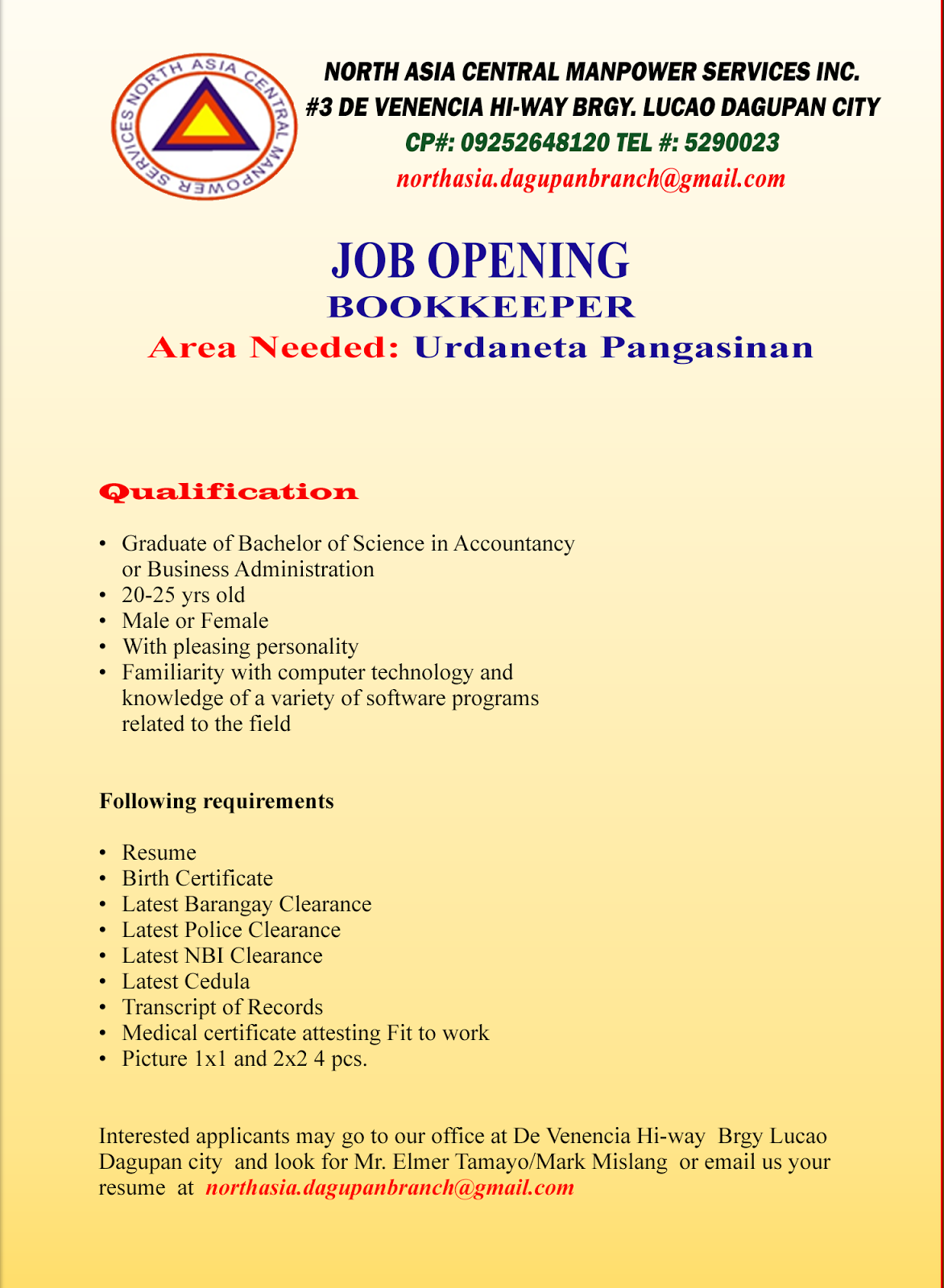 jobs opening bookkeeper urdaneta pangasinan january 2016