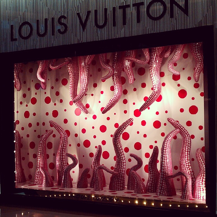 LouisVuitton window display in South Park mall in Charlotte, NC featuring  Yayoi Kusama's art
