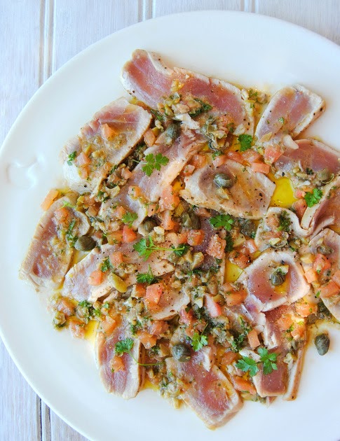 Seared Tuna with a Niçoise-Style Green-Olive, Caper & Tomato Salsa ...