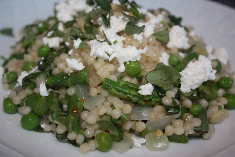 Israeli CousCous with Asparagus, Peas and Goat Cheese