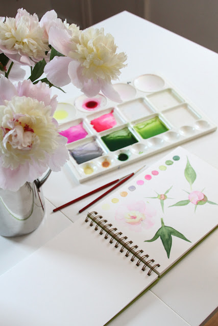 watercolor sketchbook, paint palette, peonies, Anne Butera, My Giant Strawberry