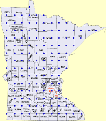 County map of Minnesota with a grid of blue dots at 25 mile increments