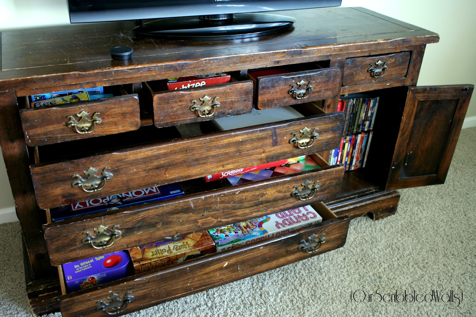 Our Scribbled Walls A Dresser Turned Organized Media Cabinet