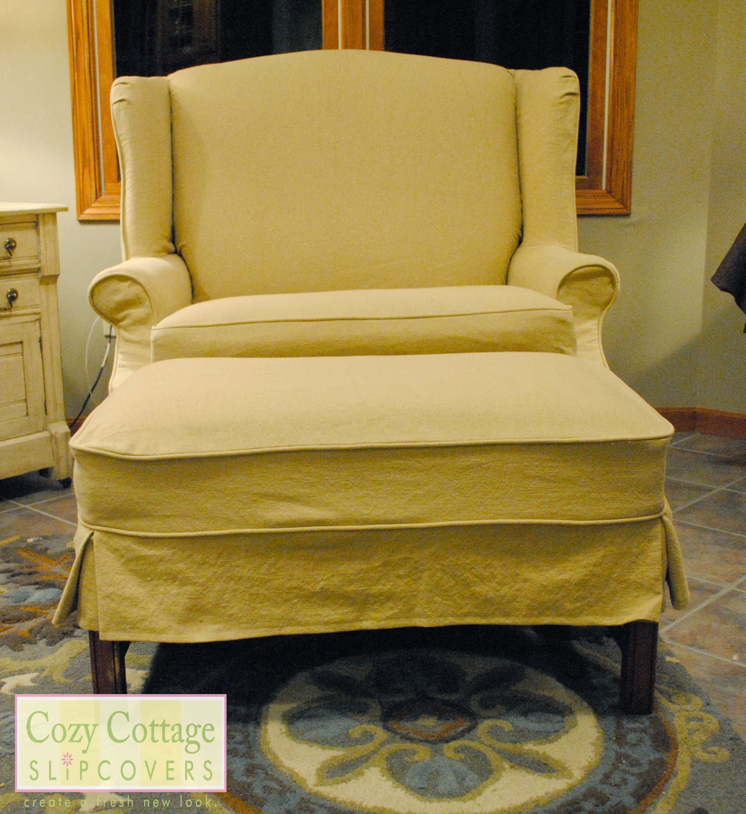 Cozy Cottage Slipcovers Winged Settee and Ottoman Slipcover