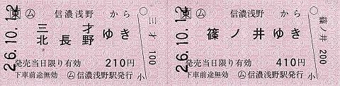 信濃浅野駅　常備軟券乗車券1　一般式