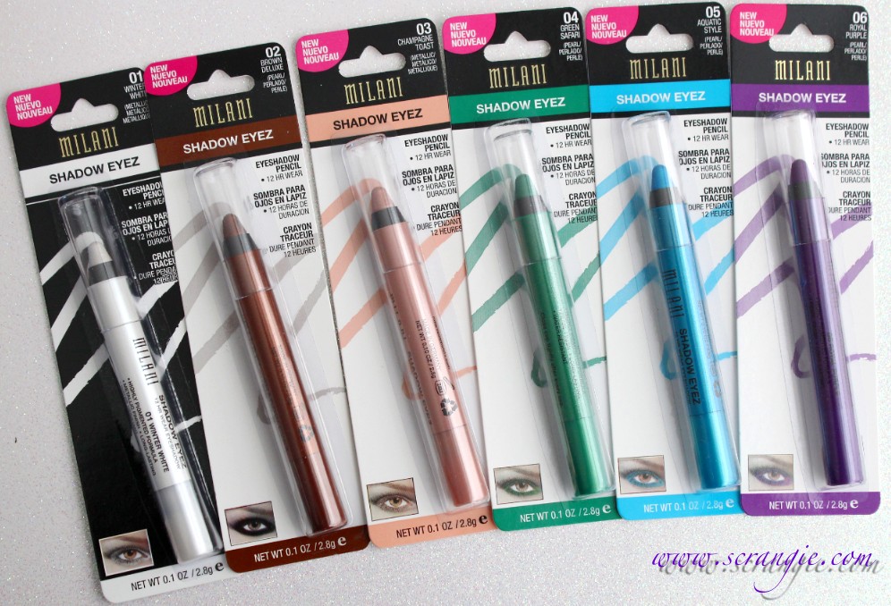 Scrangie Milani Shadow Eyez 12 Hour Wear Eyeshadow Pencils Swatches and Review