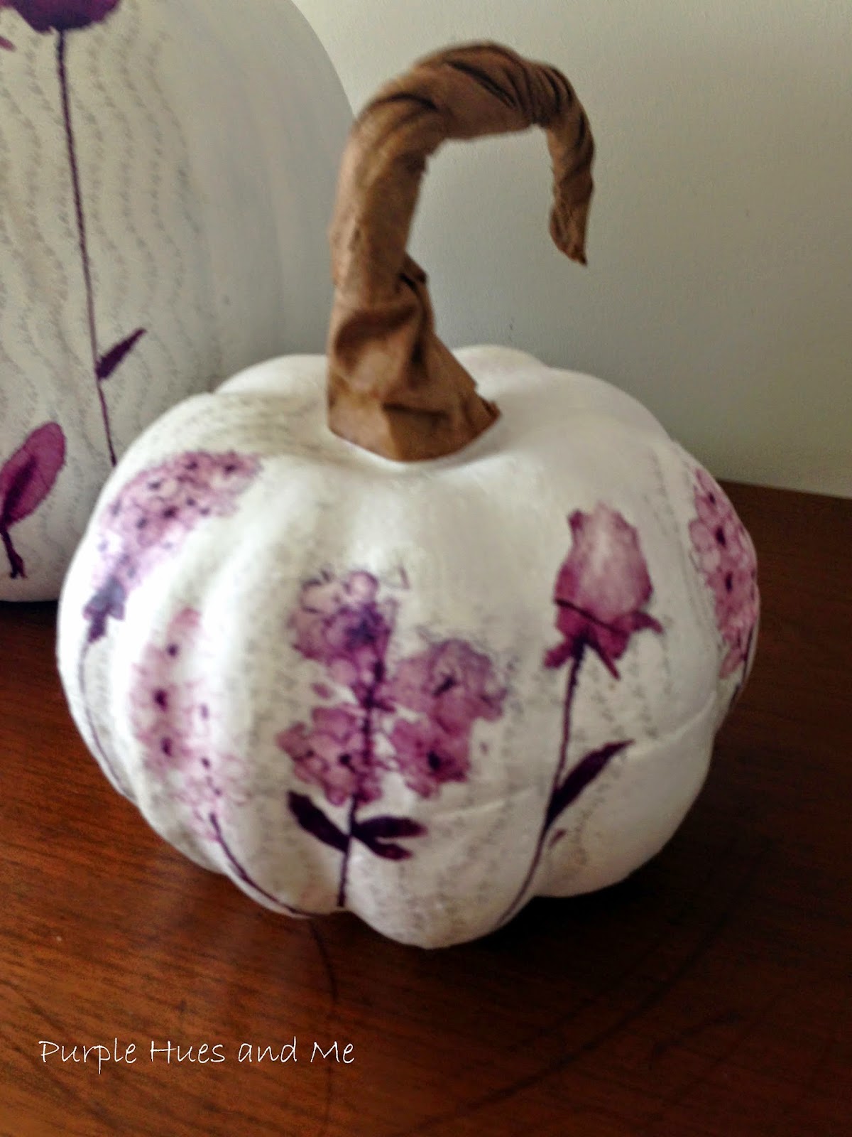 Purple Hues and Me Decoupage Paper Napkins on Pumpkins Using Plastic Wrap