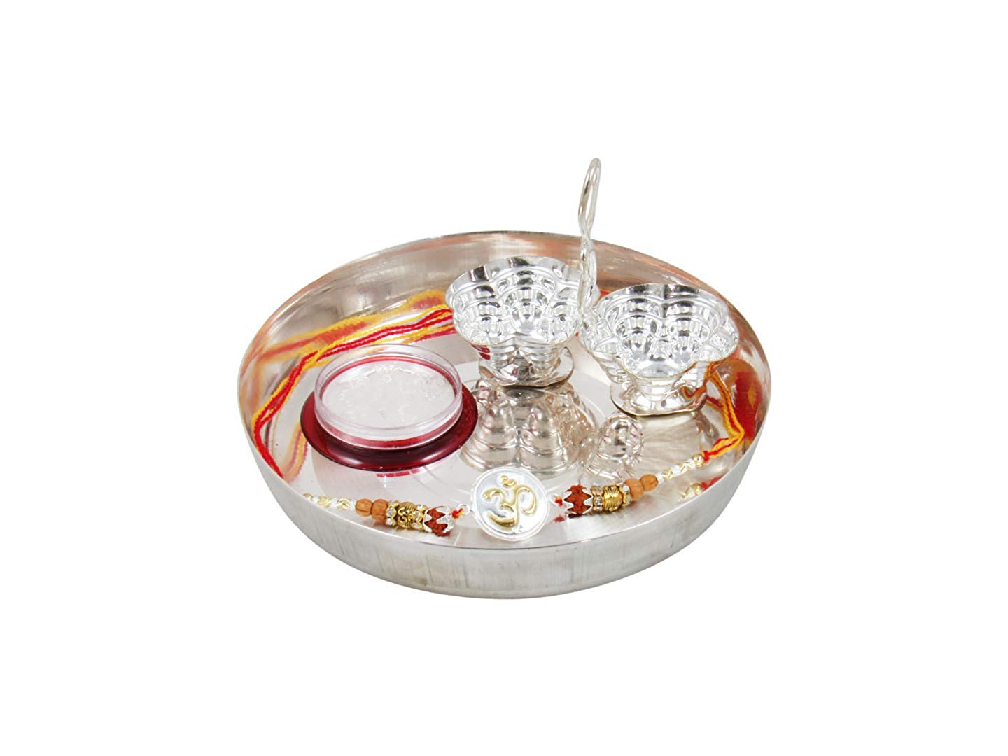 GoldGiftIdeas Pure 999 Silver Om Rakhi for Brother with Pooja Thali Set (5 Inch), Golden -Si[MEN's]