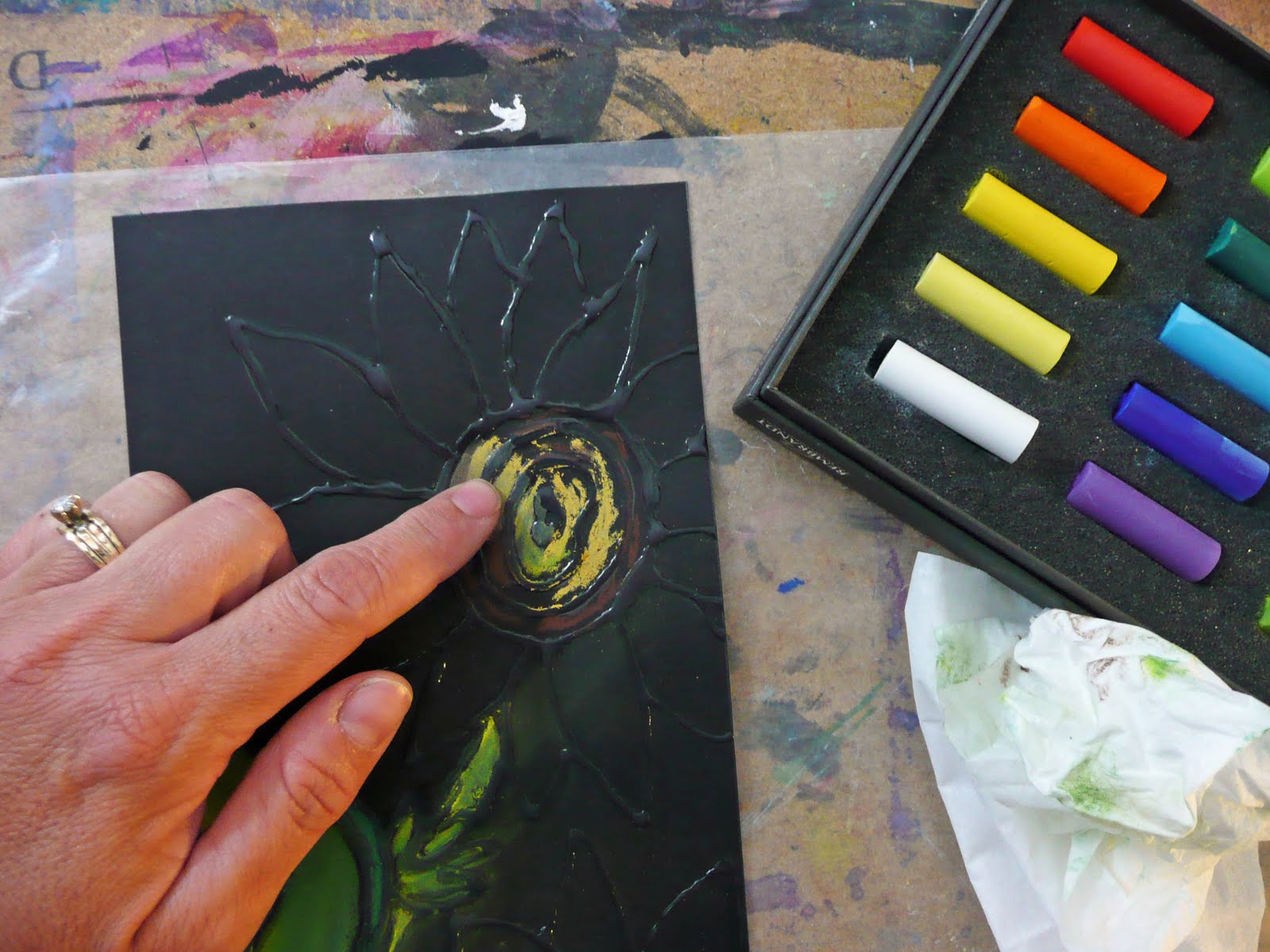 flower-black paper, glue resist with chalk pastels  Homeschool art, Pastel  art, Art lessons middle school