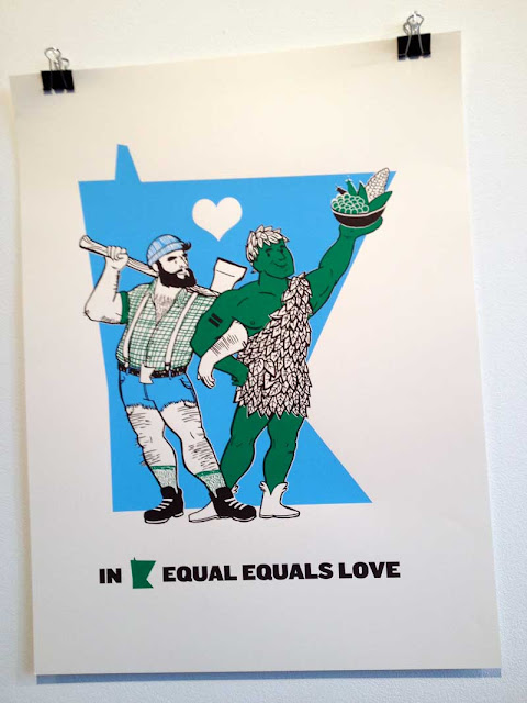 Illustrated poster showing Paul Bunyan dancing arm-in-arm with the Jolly Green Giant