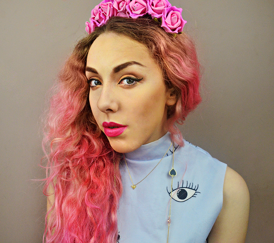 Stephi LaReine, UK Fashion Blogger, pink hair, flower crown, eye sheinside dress, fudge paintbox pretty flamingo, NV lipstick, models own in bubblegum, autumn river clothing