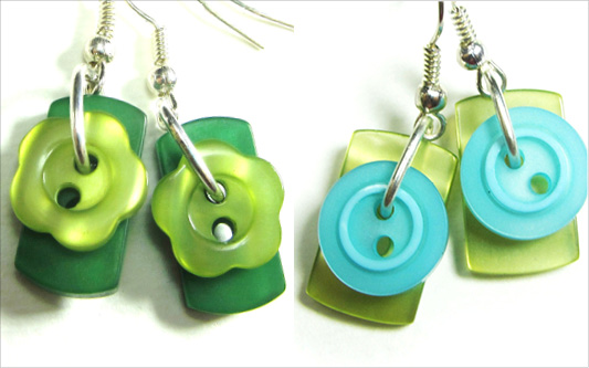 Button Girl Earrings Bold earrings have cute buttons layered over colorful rectangular buttons
