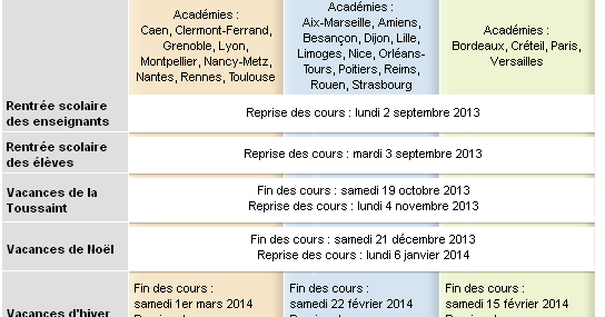 Le calendrier scolaire 2013 2014