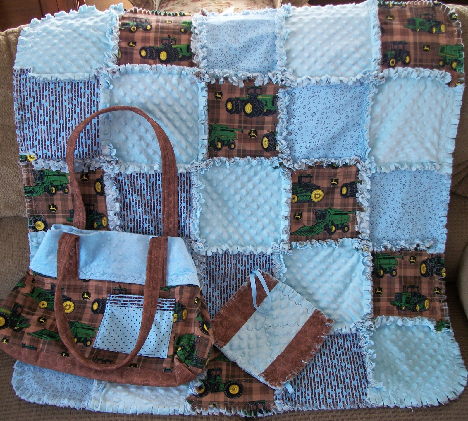 Deerecountry Quilts Baby boy John Deere rag quilt and bagblue and brown