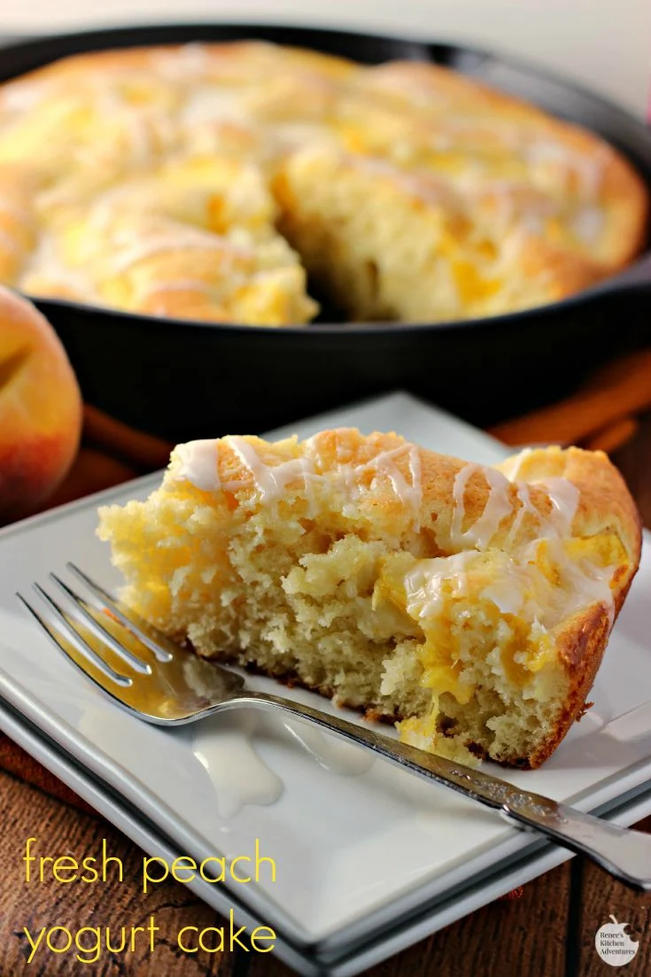 Fresh Peach Yogurt Cake | by Renee's Kitchen Adventures - Dairy-free moist and tender fresh peach yogurt cake made possible with Silk® Almond Milk and Silk® dairy free Yogurt Alternative  #Swapmilk4Silk #ad #cbias