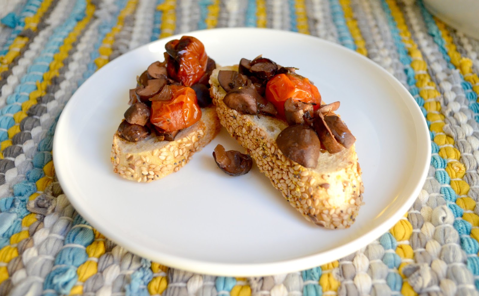 The Inventive Vegetarian Oven Roasted Mushroom and Tomato Crostini