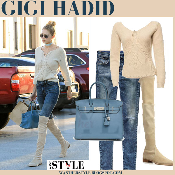 Gigi Hadid in beige sweater and beige suede thigh high boots in Beverly  Hills on November 17 ~ I want her style - What celebrities wore and where  to buy it. Celebrity Style